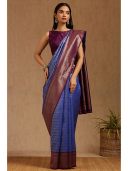 Soch - Womens Blue Silk Blend Zari Woven Saree with Unstitched Blouse