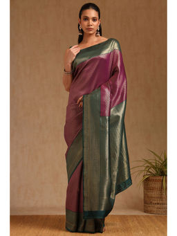 Soch - Womens Wine Silk Blend Zari Woven Saree with Unstitched Blouse