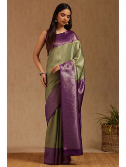 Soch - Womens Olive Silk Blend Zari Woven Saree with Unstitched Blouse