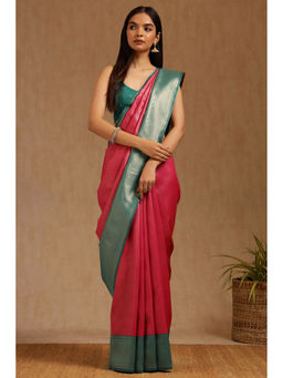 Soch - Womens Pink Silk Blend Zari Woven Saree with Unstitched Blouse