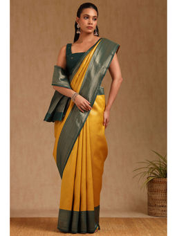 Soch - Womens Yellow Silk Blend Zari Woven Saree with Unstitched Blouse