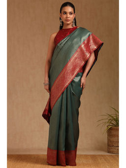 Soch - Womens Teal Silk Blend Paisley Print Zari Woven Saree with Unstitched Blouse