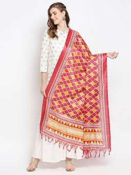 Dupatta Bazaar - Womens Red & Yellow Printed Silk Dupatta