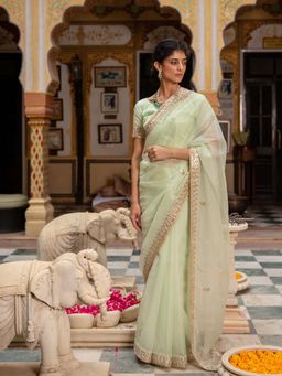 Geroo Luxe - Sea Green Handcrafted Gota Patti Organza Saree