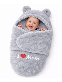 BRANDONN - Grey Baby Embroidered Hooded Wrapper Swaddle (0-9 Months)