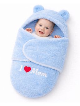 BRANDONN - Light Blue Baby Embroidered Hooded Wrapper Swaddle (0-9 Months)