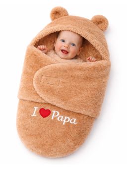 BRANDONN - Brown Baby Embroidered Hooded Wrapper Swaddle (0-9 Months)