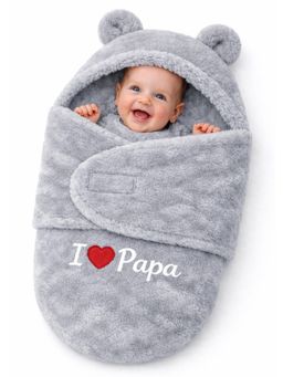 BRANDONN - Grey Baby Embroidered Hooded Wrapper Swaddle (0-9 Months)