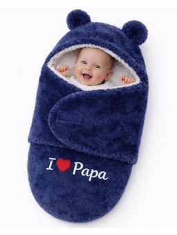 BRANDONN - Navy Blue Baby Embroidered Hooded Wrapper Swaddle (0-9 Months)