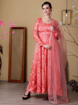 Ethnovog - Peach Jimmy Choo Printed Anarkali Kurta with Pants & Dupatta (Set of 3)