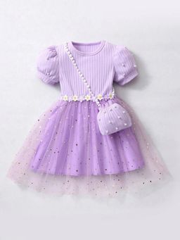 Hopscotch - Floral Applique Textured Pearl Dress with Bag
