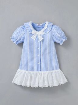 Hopscotch - Gingham Lace Bow Applique Dress