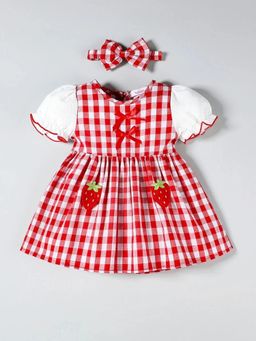 Hopscotch - Strawberry Applique Checkered Dress with Headband
