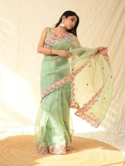 Odette - Green Organza Saree with Unstitched Blouse
