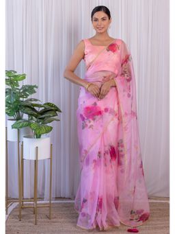 Label Kanupriya - Blush Pink Floral Organza Saree with Unstitched Blouse