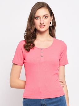 Madame - Pink Solid Henley Neck Tops