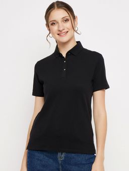 Madame - Black Solid Collar Neck Tops