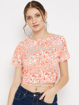 Madame - Orange Printed Round Neck Crop Tops
