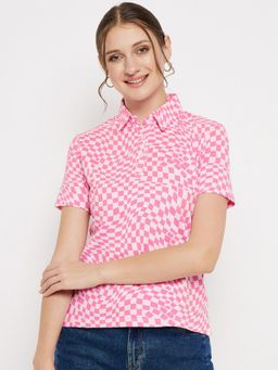 Madame - Pink Checks Collar Neck Tops