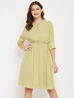 Madame - Green Solid Ruffled Neck Knee Length Dress