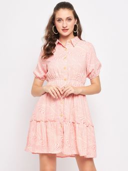 Madame - Peach Printed Collar Neck Mini Dress