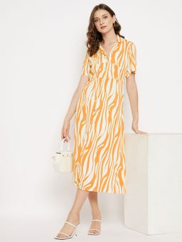 Madame - Yellow Printed Peaked Lapel Midi Dress