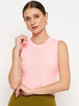 Madame - Pink Ribbed Round Neck Crop Tops