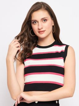 Madame - Black Colorblock Round Neck Crop Tops