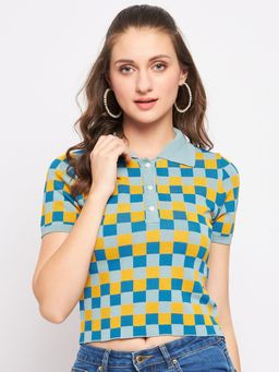 Madame - Green Checks Collar Neck Tops