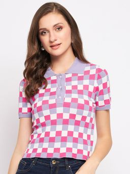 Madame - Mauve Checks Collar Neck Tops