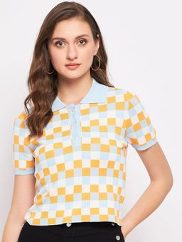 Madame - Orange Checks Collar Neck Tops
