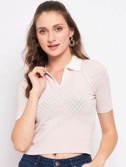 Madame - Pink Self Design Collar Neck Crop Tops