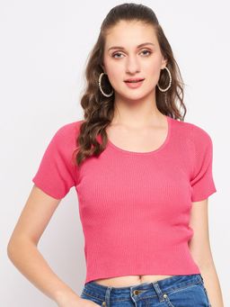 Madame - Pink Ribbed Round Neck Crop Tops