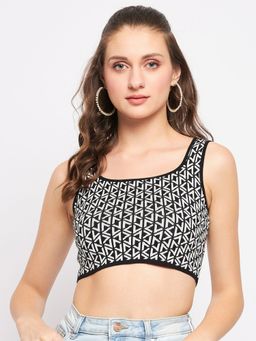 Madame - Black Geometric Scoop Neck Crop Tops