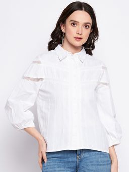 Madame - White Self Design Collar Neck Shirts