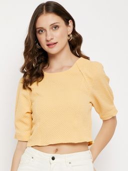 Madame - Yellow Self Design Round Neck Crop Tops