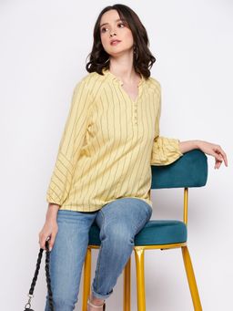 Madame - Mustard Stripes Ruffled Neck Tops