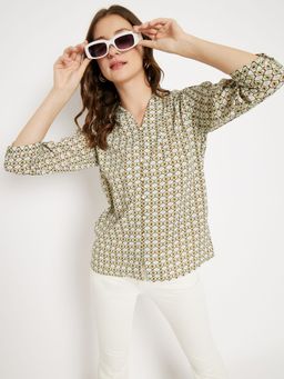 Madame - Blue Printed V-Neck Tops