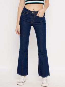 Madame - Navy Blue Solid Boot Cut Fit Jeans