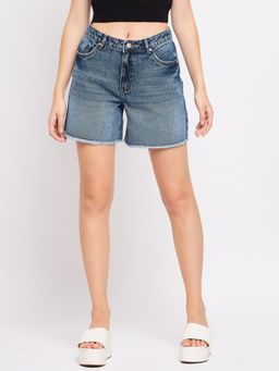 Madame - Blue Solid Straight Fit Shorts