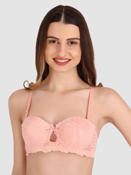 BRACHY - Women Peach Lace Underwired Heavily Padded Push-Up Bra