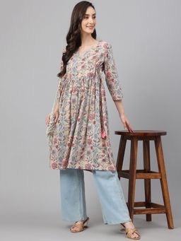 Janasya - Beige Cotton Floral Print Angrakha Kurta