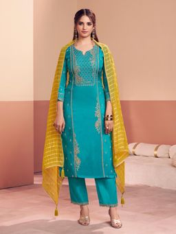 Seerat - Blue Viscose Three Fourth Sleeves Kurta With Pant & Dupatta