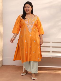 Extra love by Libas - Yellow Silk Blend Three Fourth Sleeves Kurta