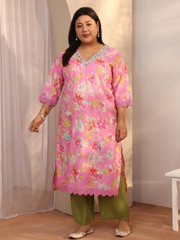 Extra love by Libas - Plus Size Women Pink Silk Blend Three Fourth Sleeves Kurta
