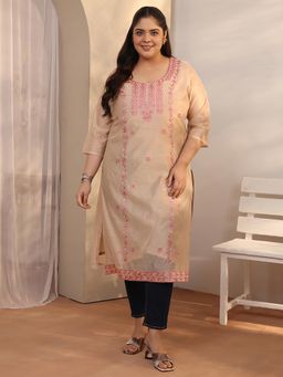 Extra love by Libas - Beige Chanderi Three Fourth Sleeves Kurta