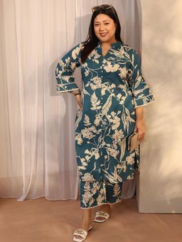 Extra love by Libas - Plus Size Women Teal Cotton Blend Three Fourth Sleeves Co Ord Set