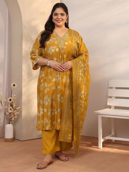 Extra love by Libas - Plus Size Women Mustard Silk Blend Kurta With Pant & Dupatta