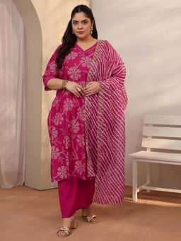 Extra love by Libas - Plus Size Women Pink Silk Blend Kurta With Pant & Dupatta