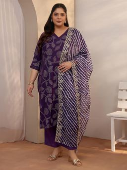 Extra love by Libas - Plus Size Women Purple Silk Blend Kurta With Pant & Dupatta